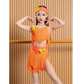 Girls kids orange white latin fringe latin dance dresses for children salsa rumba ballroom dance outfits for children